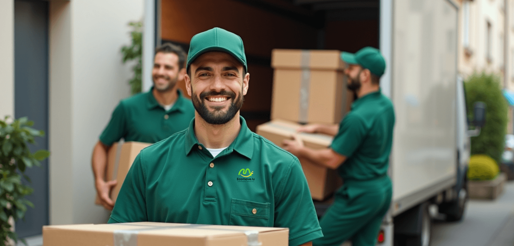 Équipe conviviale d’EcoMove en train d’effectuer un déménagement au Luxembourg