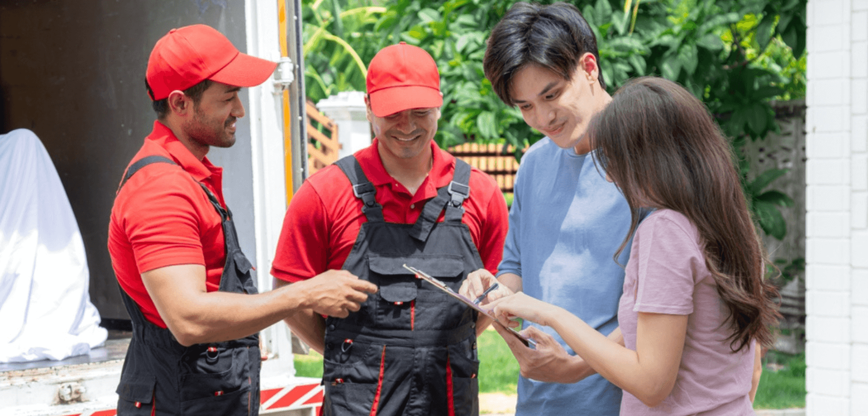 Couple supervise livraison meubles avec équipe de déménagement au Luxembourg
