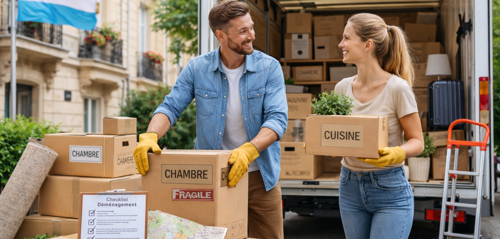 Couple préparant leur déménagement au Luxembourg avec cartons et checklist