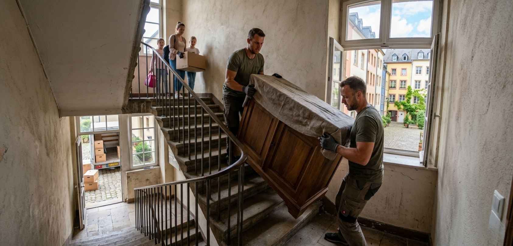 Équipe d’EcoMove en train de déménager un appartement sans ascenseur à Luxembourg-Ville