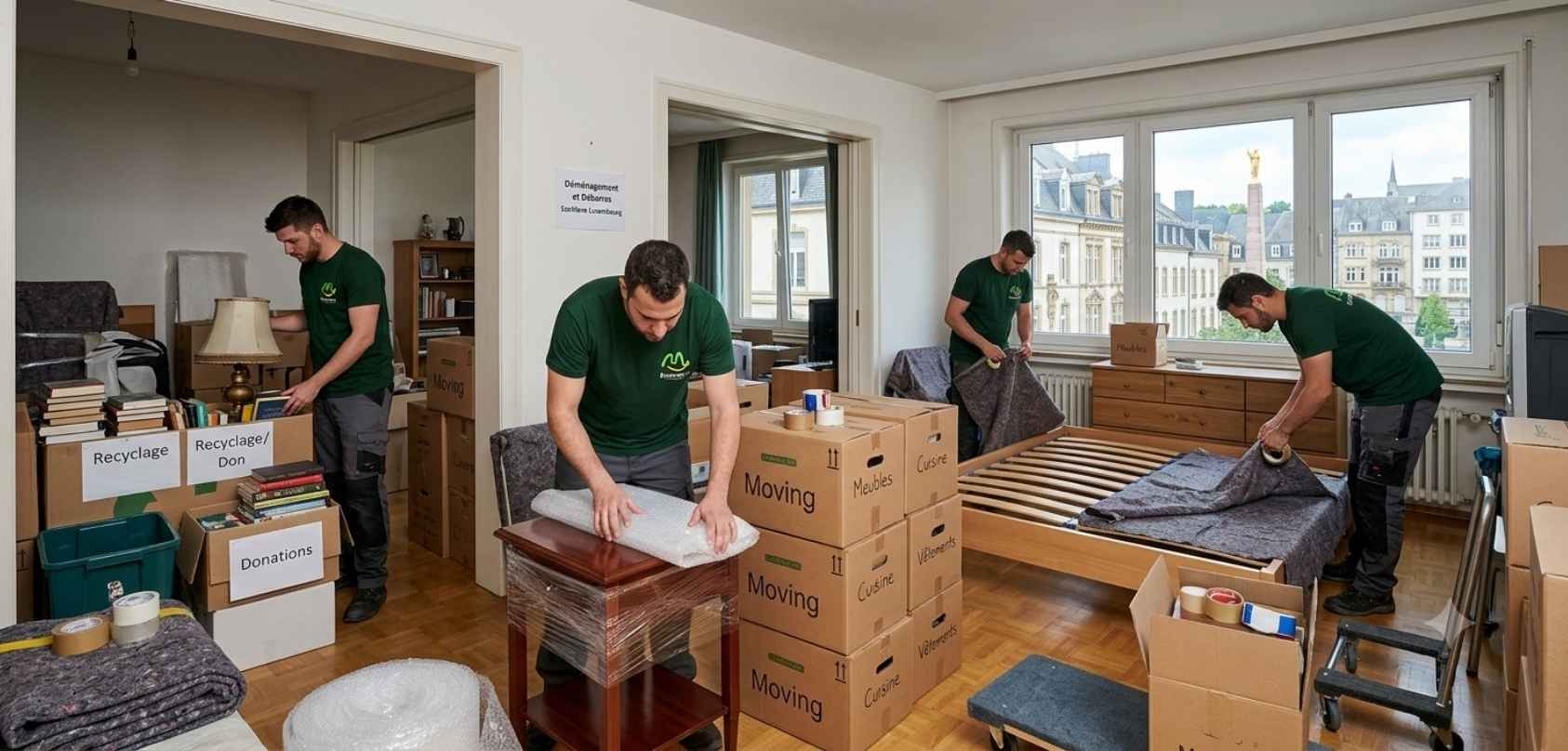 Équipe EcoMove triant des meubles pour un déménagement au Luxembourg.