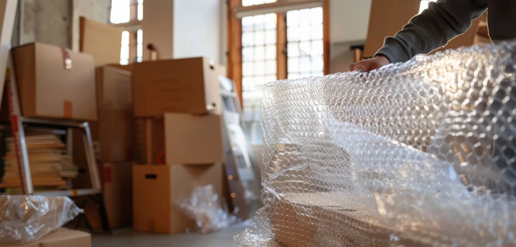 Meuble protégé avec papier bulle avant stockage longue durée au Luxembourg