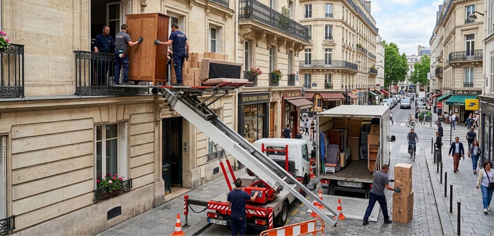 Déménageurs déchargeant un meuble sur un balcon via un monte-meuble au Luxembourg.