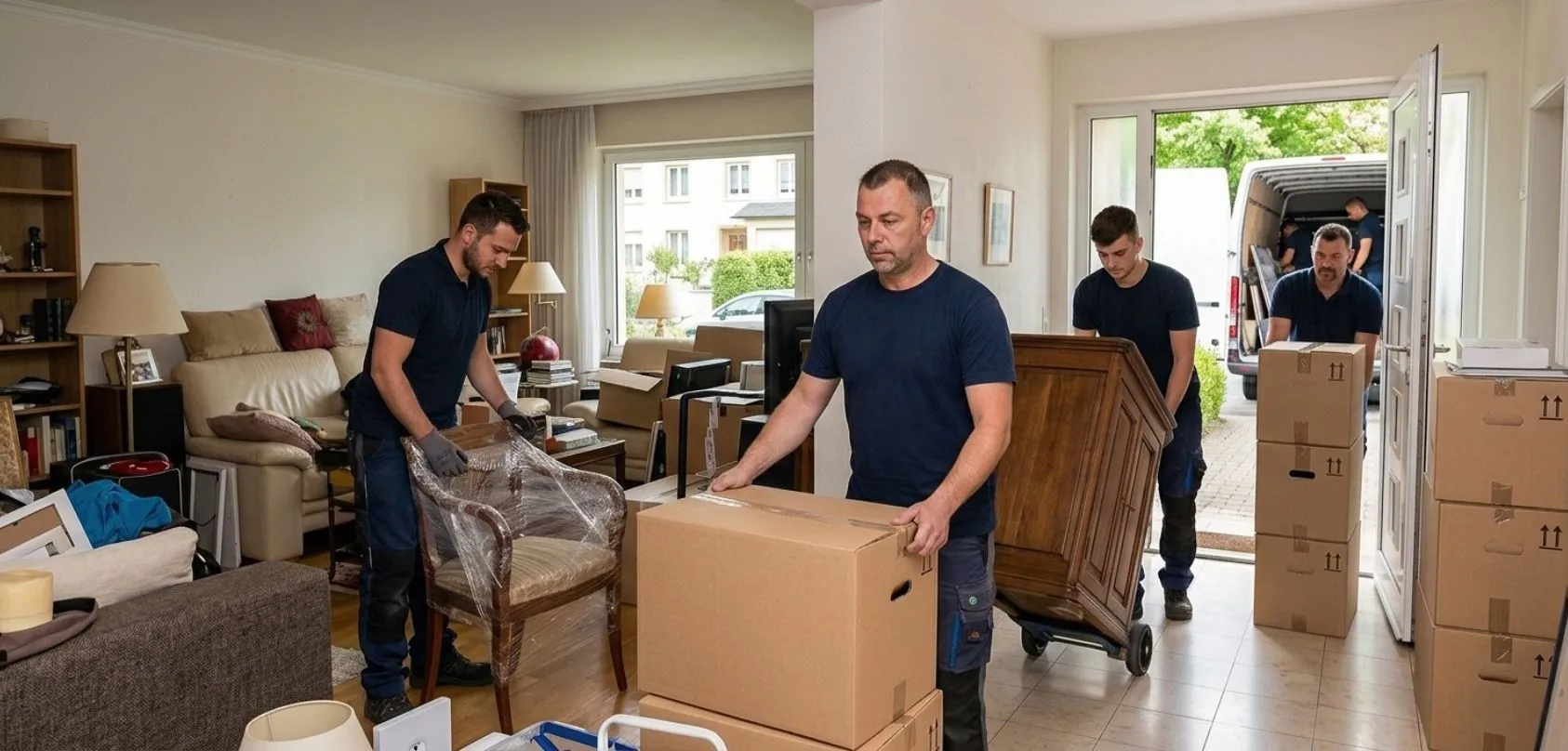 Équipe de déménageurs professionnels débarrassant une maison au Luxembourg.